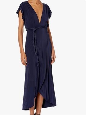 MISA Los Angeles Irina Navy Wrap Maxi Dress Flutter Sleeve Deep V Size M wedding
